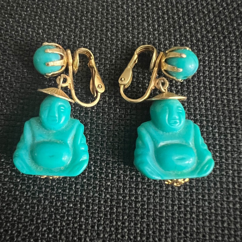 Vtg Signed Hong Kong Faux Turquoise Buddha Clip On Earrings Mid Century Resin